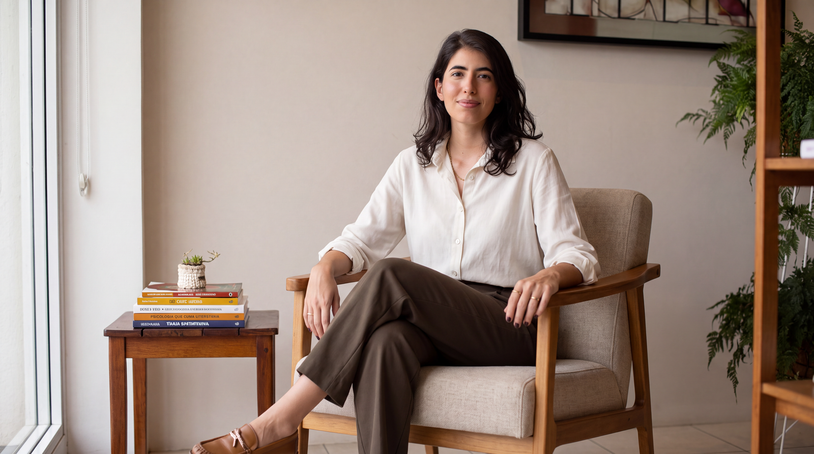Retrato de Iohanna Sanches na seção sobre sua metodologia de psicoterapia.